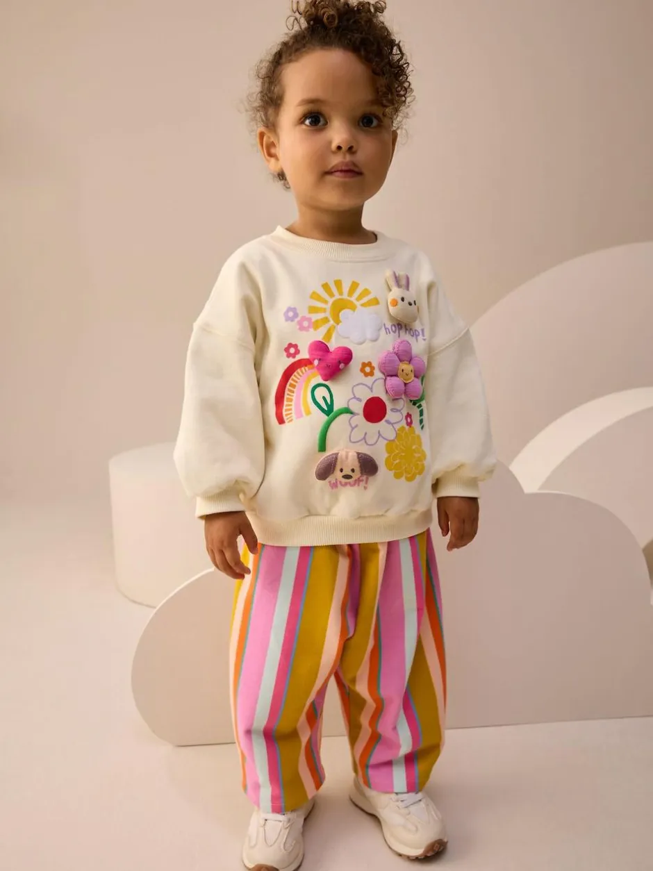 Next Cream Stripe Padded Characters Sweatshirt and Barrel Leg Joggers Set (3mths-7yrs) Discount