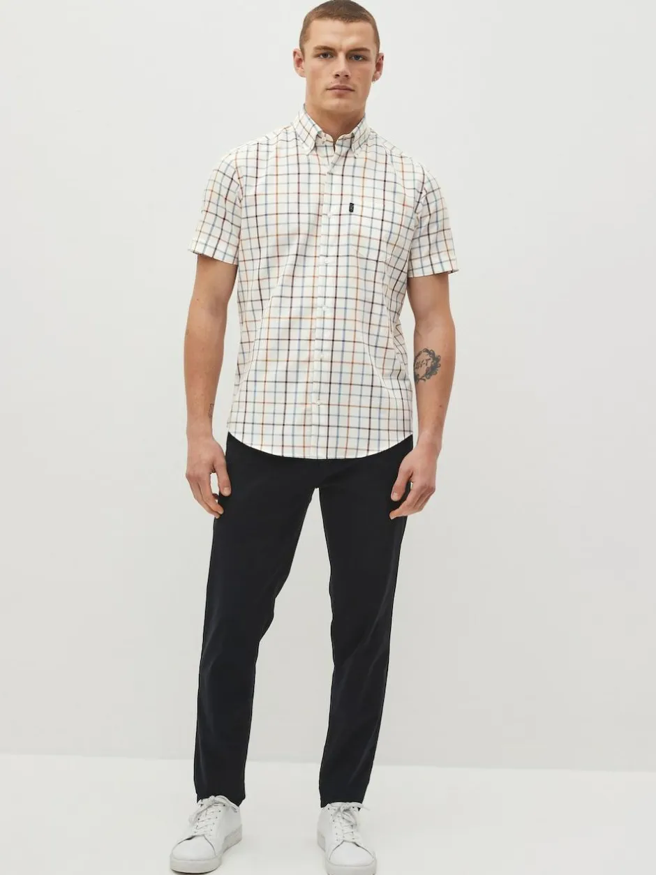 Next Cream/Blue Tattersall Check Easy Iron Button Down Short Sleeve Oxford Shirt New