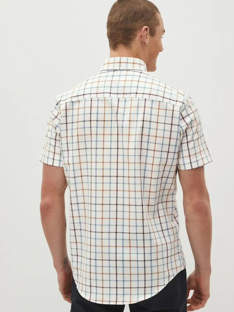 Next Cream/Blue Tattersall Check Easy Iron Button Down Short Sleeve Oxford Shirt New