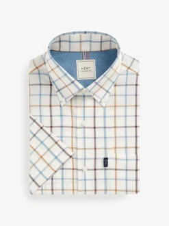 Next Cream/Blue Tattersall Check Easy Iron Button Down Short Sleeve Oxford Shirt New