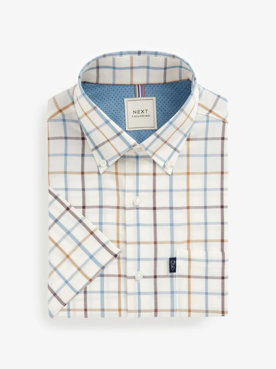 Next Cream/Blue Tattersall Check Easy Iron Button Down Short Sleeve Oxford Shirt New