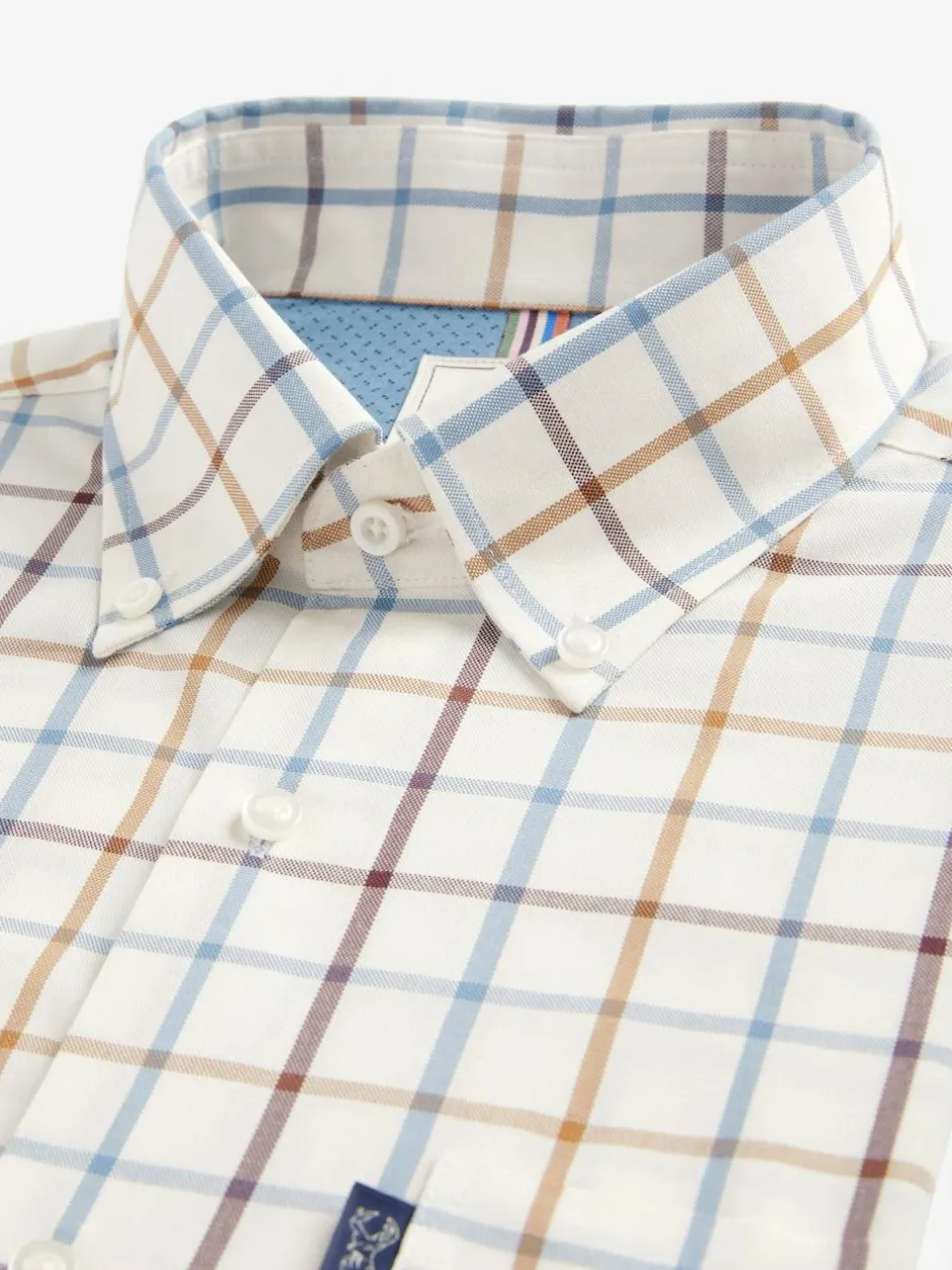Next Cream/Blue Tattersall Check Easy Iron Button Down Short Sleeve Oxford Shirt New