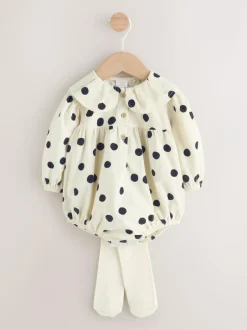 Next Cream/Charcoal Polka Dot Baby Bloomer Rompers Set 2 Piece with Tights (0mths-3yrs) Best