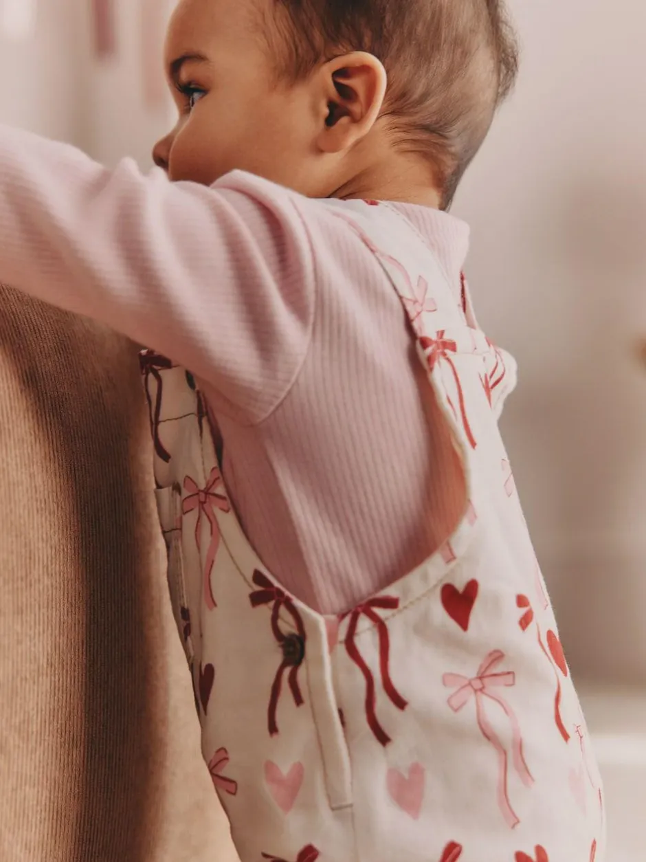 Next Baby Dungarees and Bodysuit Set 2 Piece (0mths-3yrs) Cream/Pink Bows Outlet