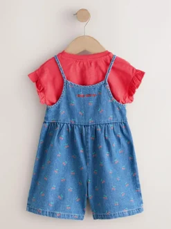 Next Dark Blue Cherry Printed Denim Playsuit and T-Shirt (3mths-7yrs) Hot