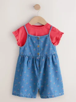 Next Dark Blue Cherry Printed Denim Playsuit and T-Shirt (3mths-7yrs) Hot