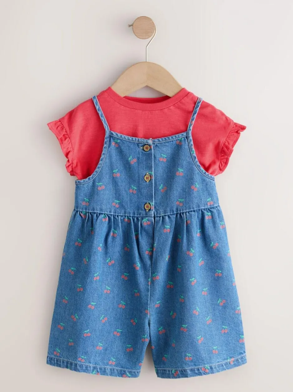 Next Dark Blue Cherry Printed Denim Playsuit and T-Shirt (3mths-7yrs) Hot