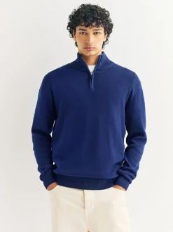 Next Dark Blue Plain N.Premium Regular Fit 100% Cotton Premium Quarter Zip Jumper Outlet