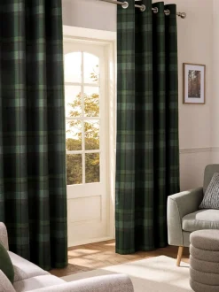 Next Dark Green Brushed Check Lined Eyelet Curtains Sale