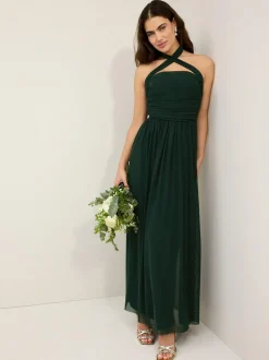 Next Dark Green Mesh Multiway Wedding Guest Bridesmaid Maxi Dress Hot
