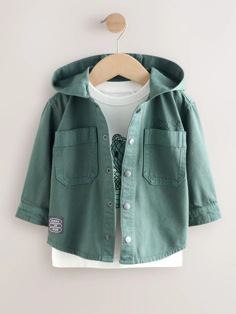 Next Twill Hooded Overshirt and T-Shirt Set (3mths-7yrs) Dark Teal Blue Discount