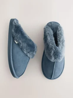 Next Denim Blue Faux Fur Lined Suede Mule Slippers Sale