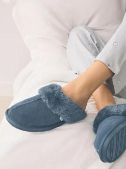 Next Denim Blue Faux Fur Lined Suede Mule Slippers Sale