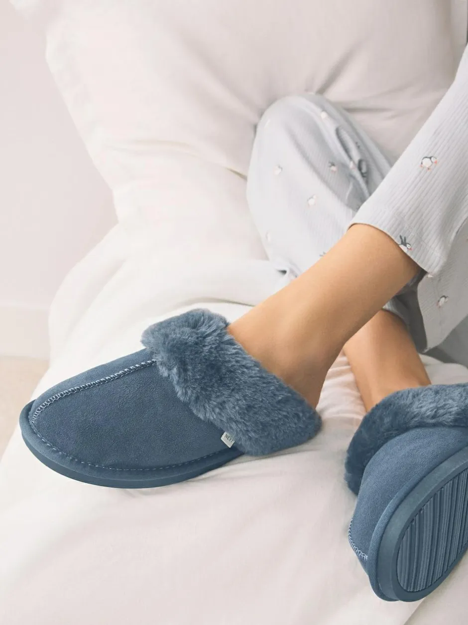 Next Denim Blue Faux Fur Lined Suede Mule Slippers Sale
