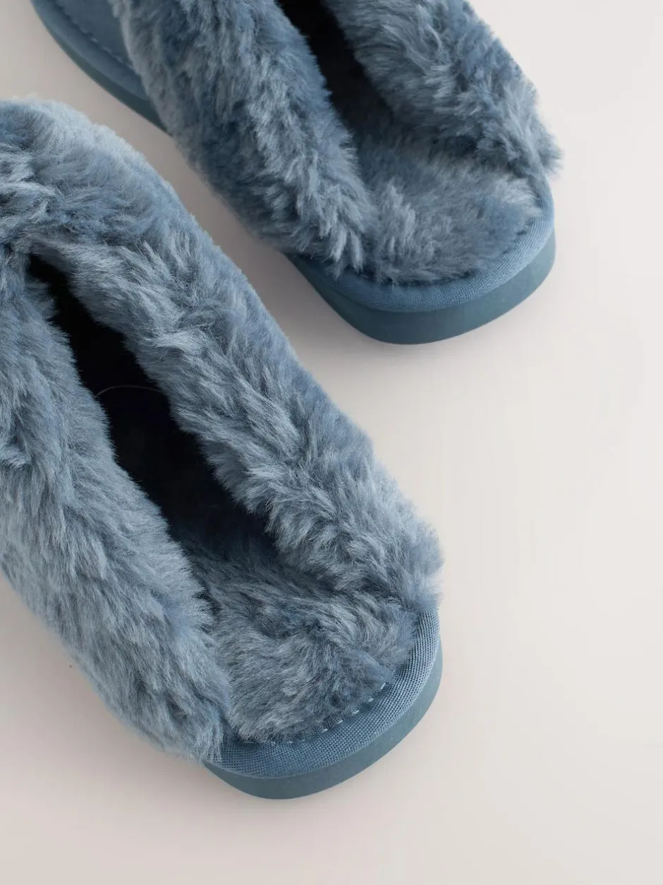 Next Denim Blue Faux Fur Lined Suede Mule Slippers Sale