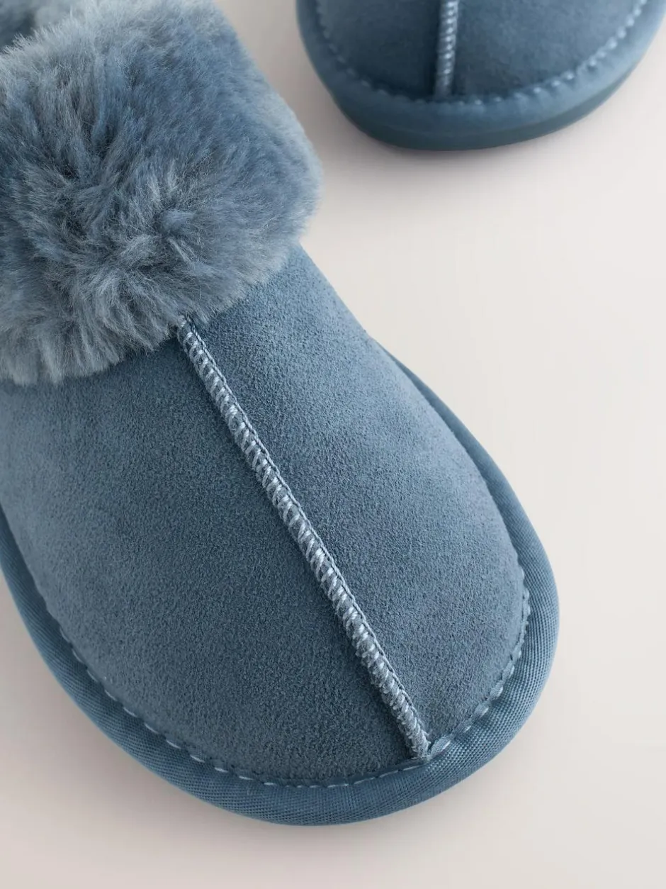 Next Denim Blue Faux Fur Lined Suede Mule Slippers Sale