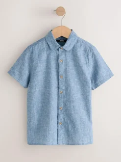 Next Short Sleeve Linen Blend Shirt (3-16yrs) Denim Blue New