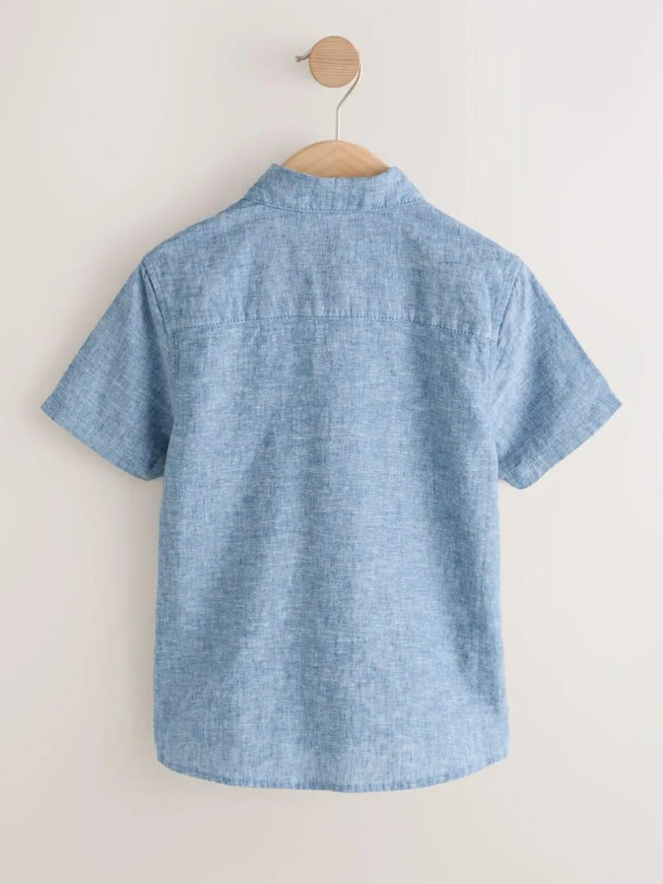 Next Short Sleeve Linen Blend Shirt (3-16yrs) Denim Blue New