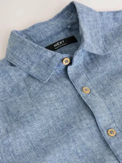 Next Short Sleeve Linen Blend Shirt (3-16yrs) Denim Blue New