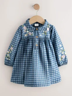 Next Long Sleeve Collar Dress (3mths-8yrs) Denim Check Embroidered Online