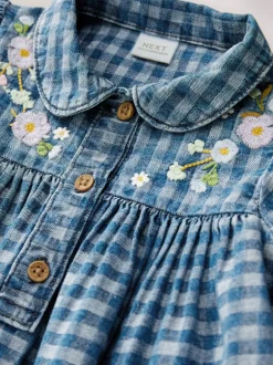 Next Long Sleeve Collar Dress (3mths-8yrs) Denim Check Embroidered Online
