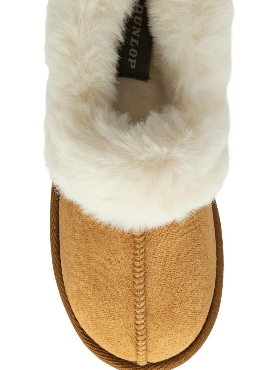 Dunlop Faux Suede Collar Full Slippers Brown
