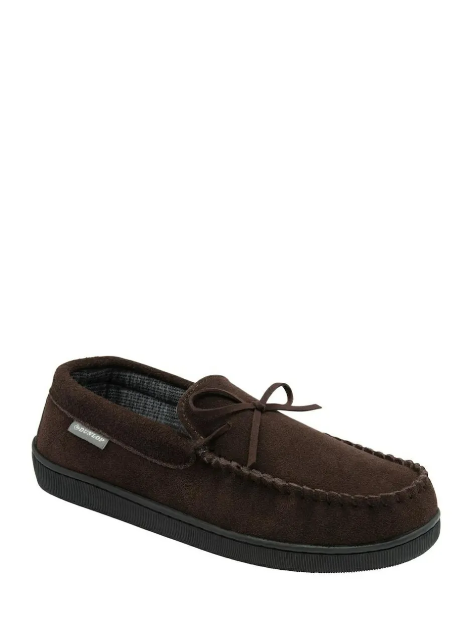 Dunlop Suede Lace-Up Moccasin Full Slippers Brown Online
