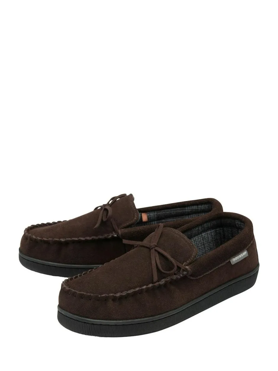 Dunlop Suede Lace-Up Moccasin Full Slippers Brown Online