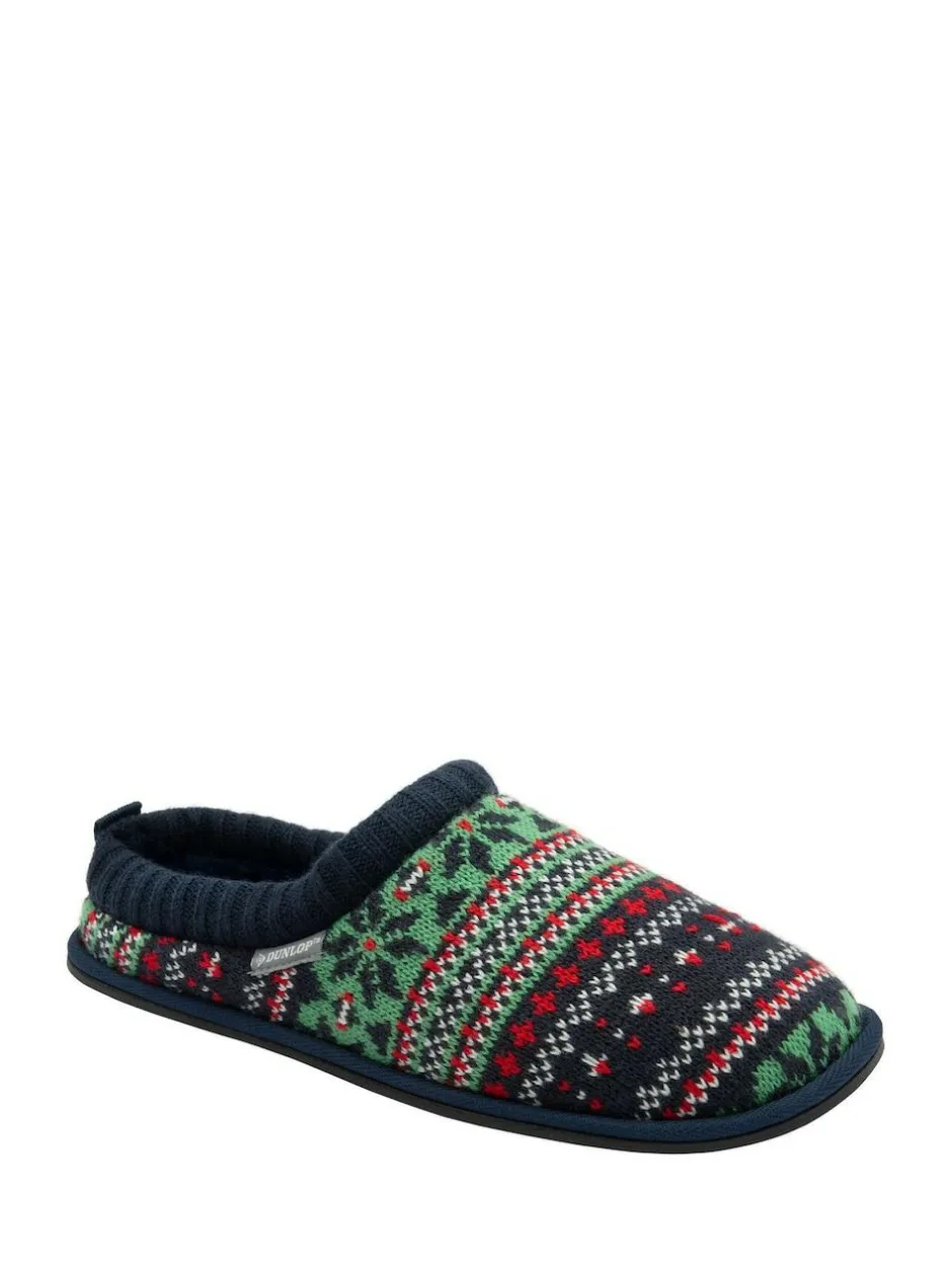 Dunlop Mens Fairisle Pattern Warm Lined Slipper Mules Green Best
