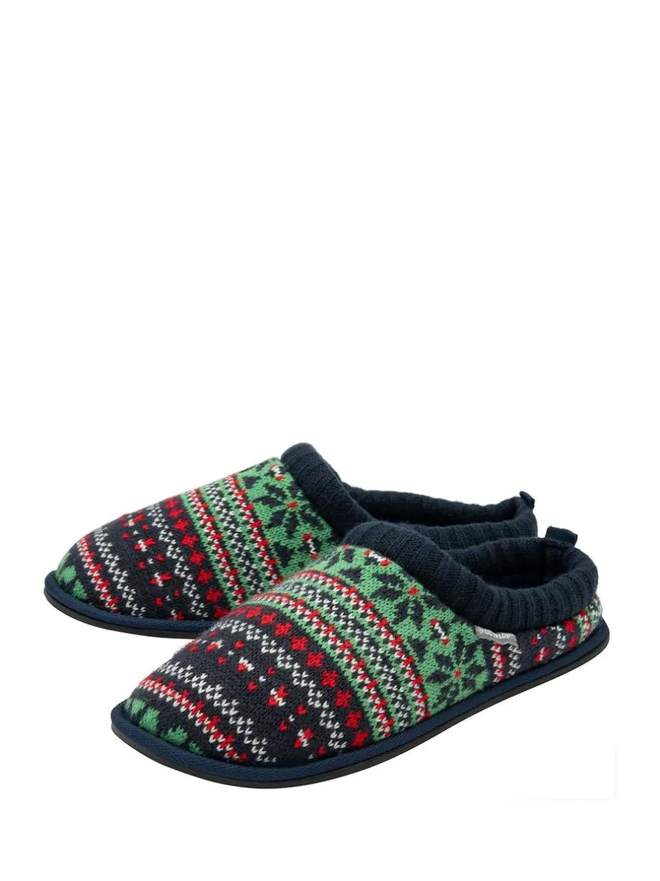 Dunlop Mens Fairisle Pattern Warm Lined Slipper Mules Green Best