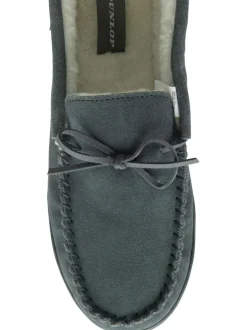 Dunlop Grey Mens Faux Fur Lined Leather Moccasin Slippers Discount