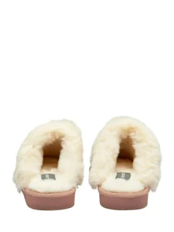 Dunlop Faux Suede Mule Slippers Fur Collar Pink Outlet