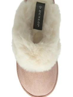Dunlop Faux Suede Mule Slippers Fur Collar Pink Outlet