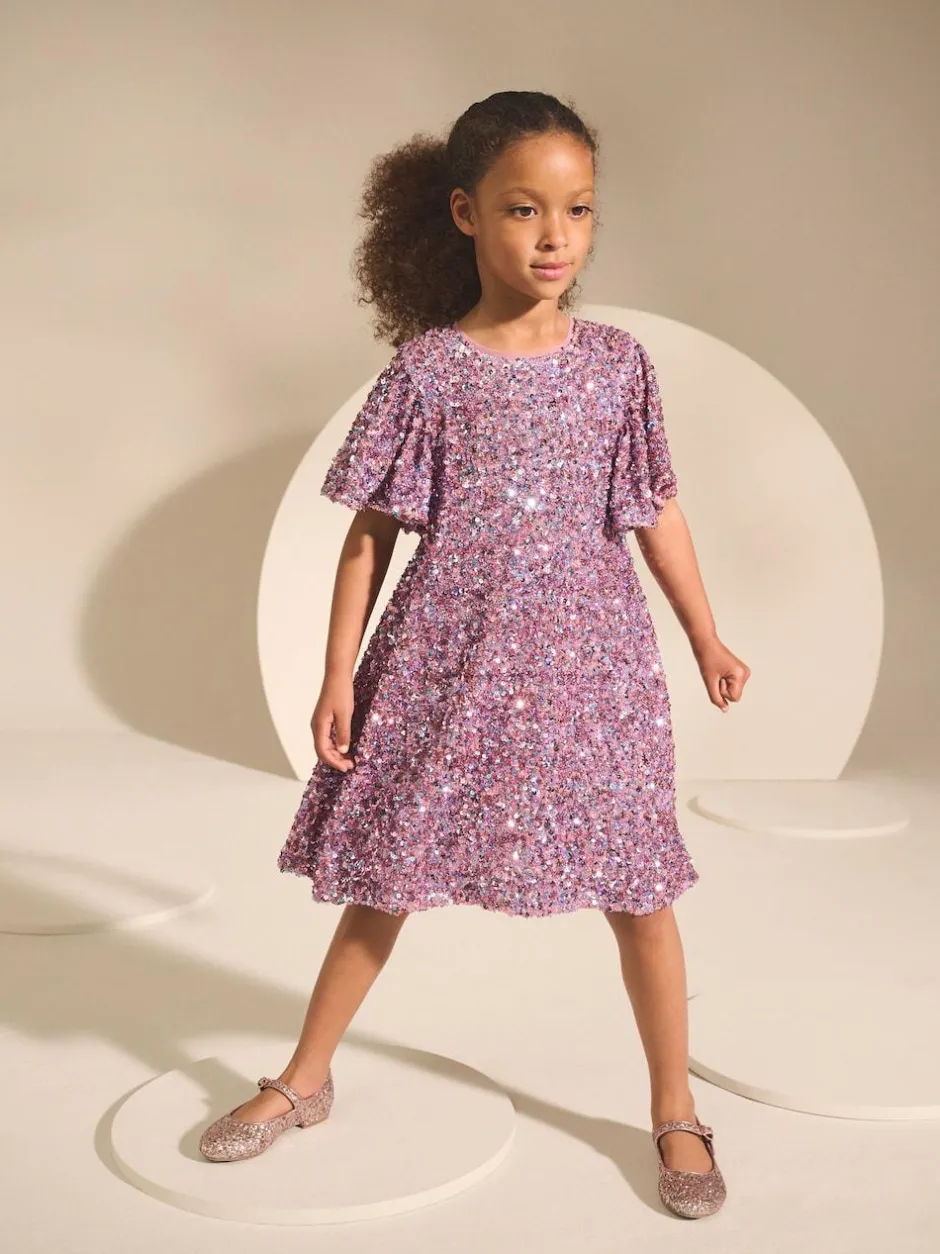 Next Angel Sleeve Sequin Party Dress (3-16yrs) Dusky Pink Sale