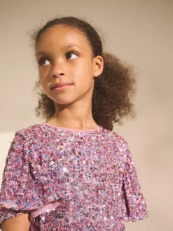 Next Angel Sleeve Sequin Party Dress (3-16yrs) Dusky Pink Sale