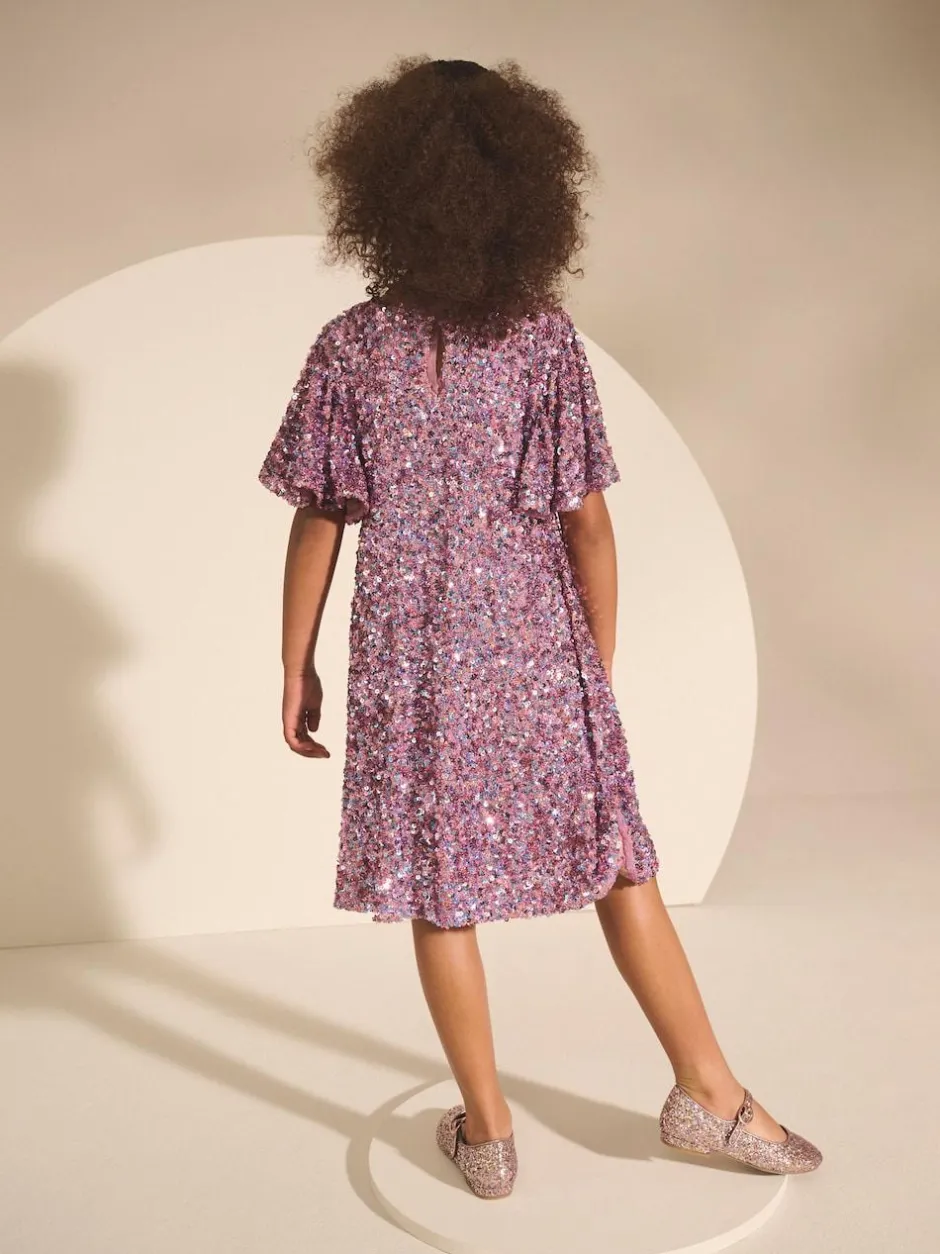Next Angel Sleeve Sequin Party Dress (3-16yrs) Dusky Pink Sale