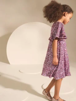 Next Angel Sleeve Sequin Party Dress (3-16yrs) Dusky Pink Sale
