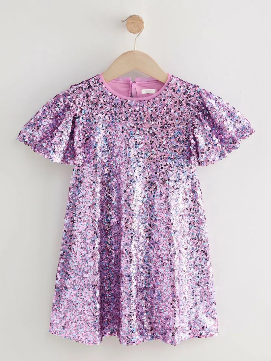 Next Angel Sleeve Sequin Party Dress (3-16yrs) Dusky Pink Sale