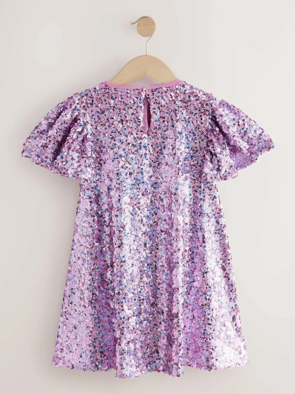 Next Angel Sleeve Sequin Party Dress (3-16yrs) Dusky Pink Sale