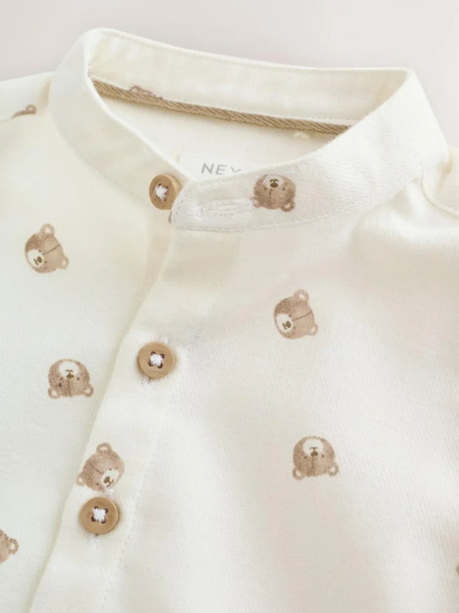Next Long Sleeve Grandad Collar All-Over Print Character Shirt (3mths-7yrs) Ecru Bear Best