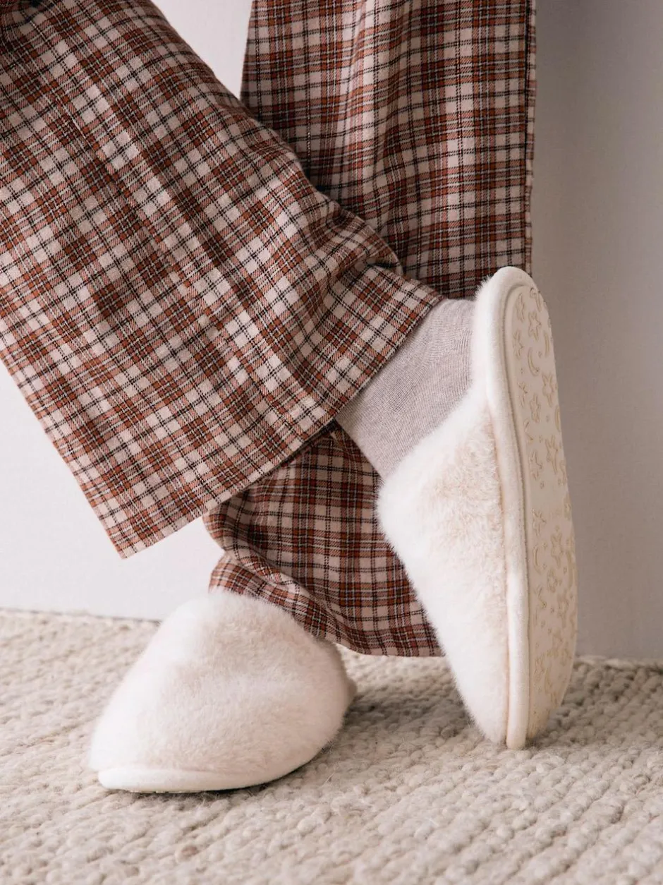 Next Faux Fur Mule Slippers Ecru Clearance