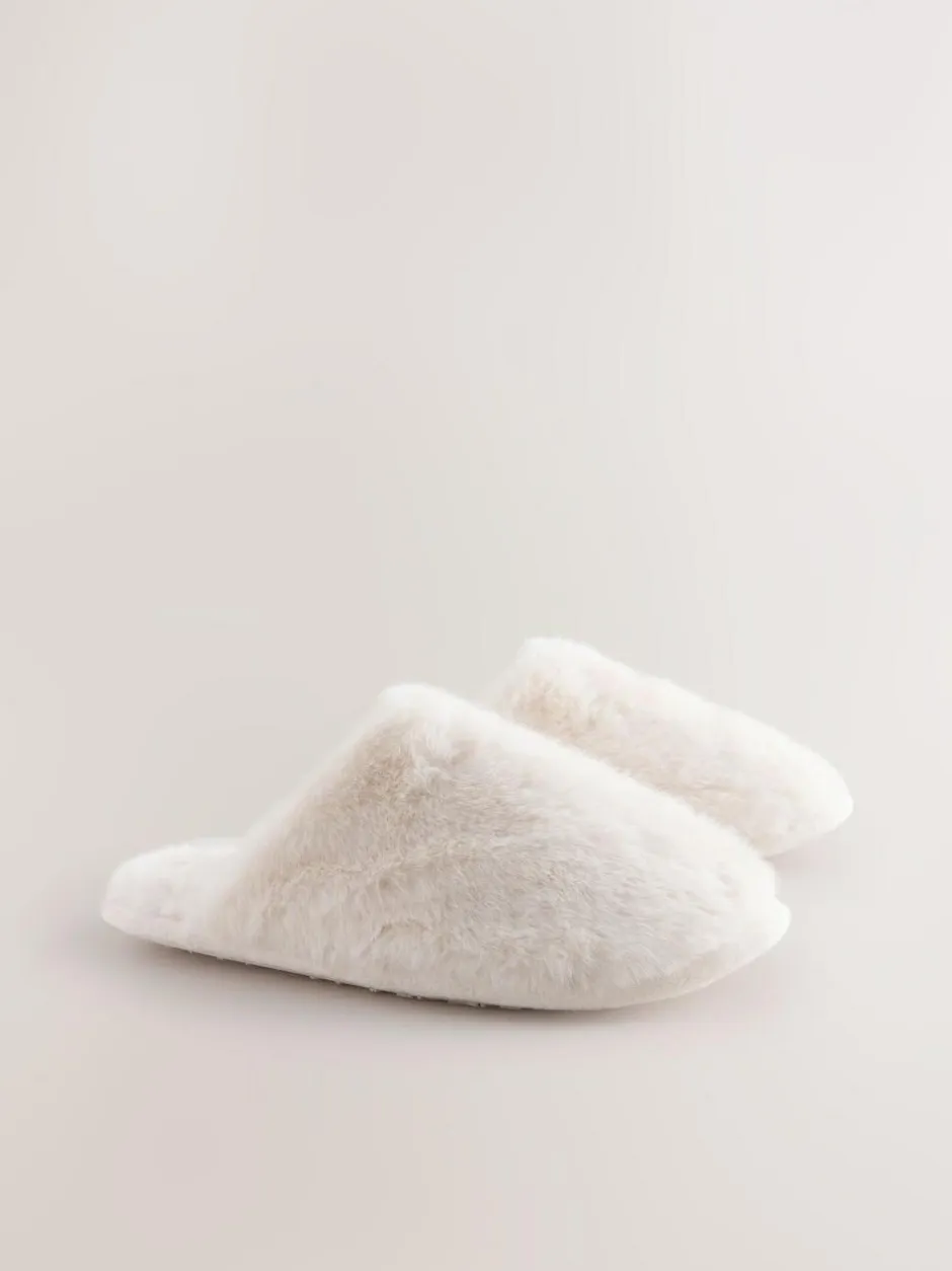 Next Faux Fur Mule Slippers Ecru Clearance