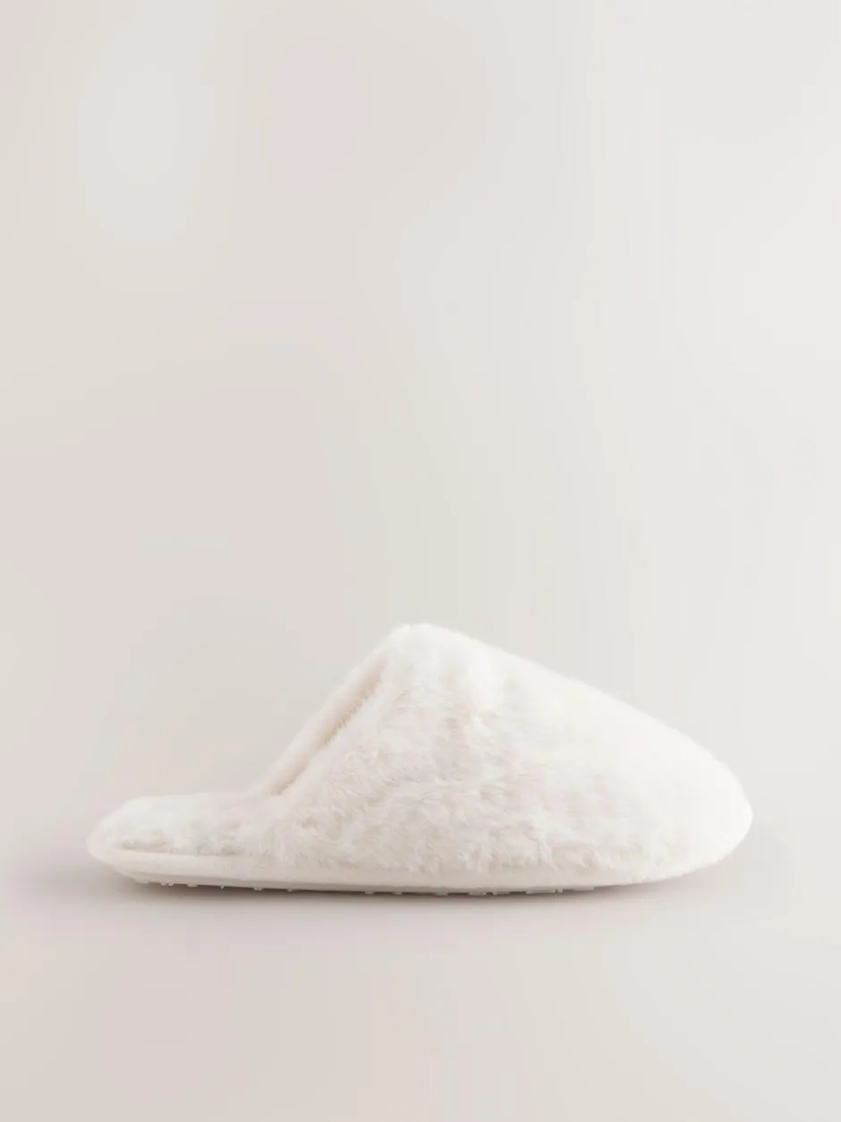 Next Faux Fur Mule Slippers Ecru Clearance