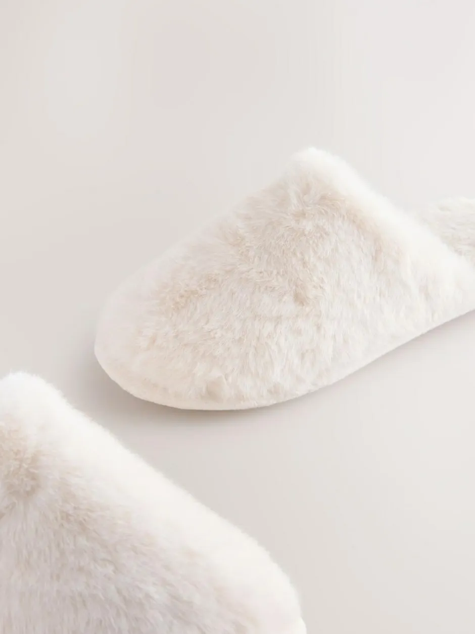 Next Faux Fur Mule Slippers Ecru Clearance