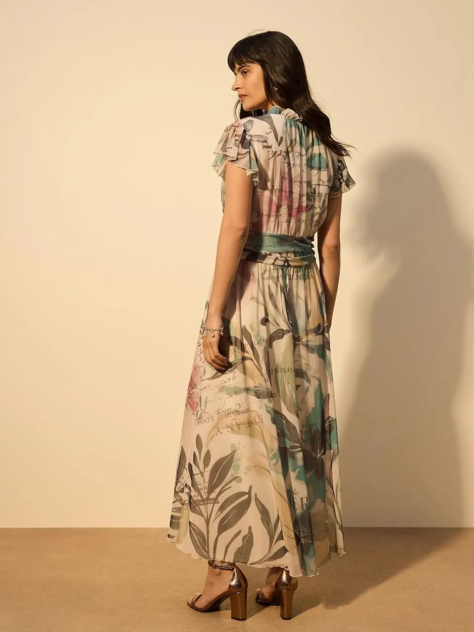 Next Pleated Mesh Print V-Neck Occasion Maxi Dress Ecru Floral Sale