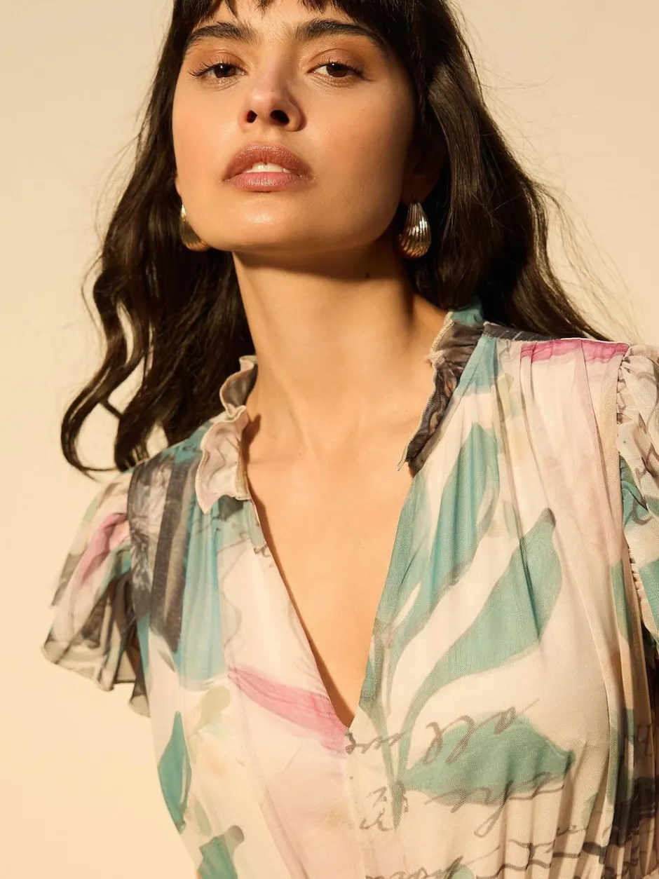 Next Pleated Mesh Print V-Neck Occasion Maxi Dress Ecru Floral Sale