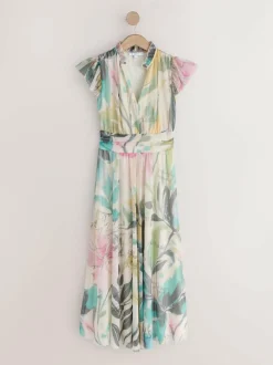 Next Pleated Mesh Print V-Neck Occasion Maxi Dress Ecru Floral Sale