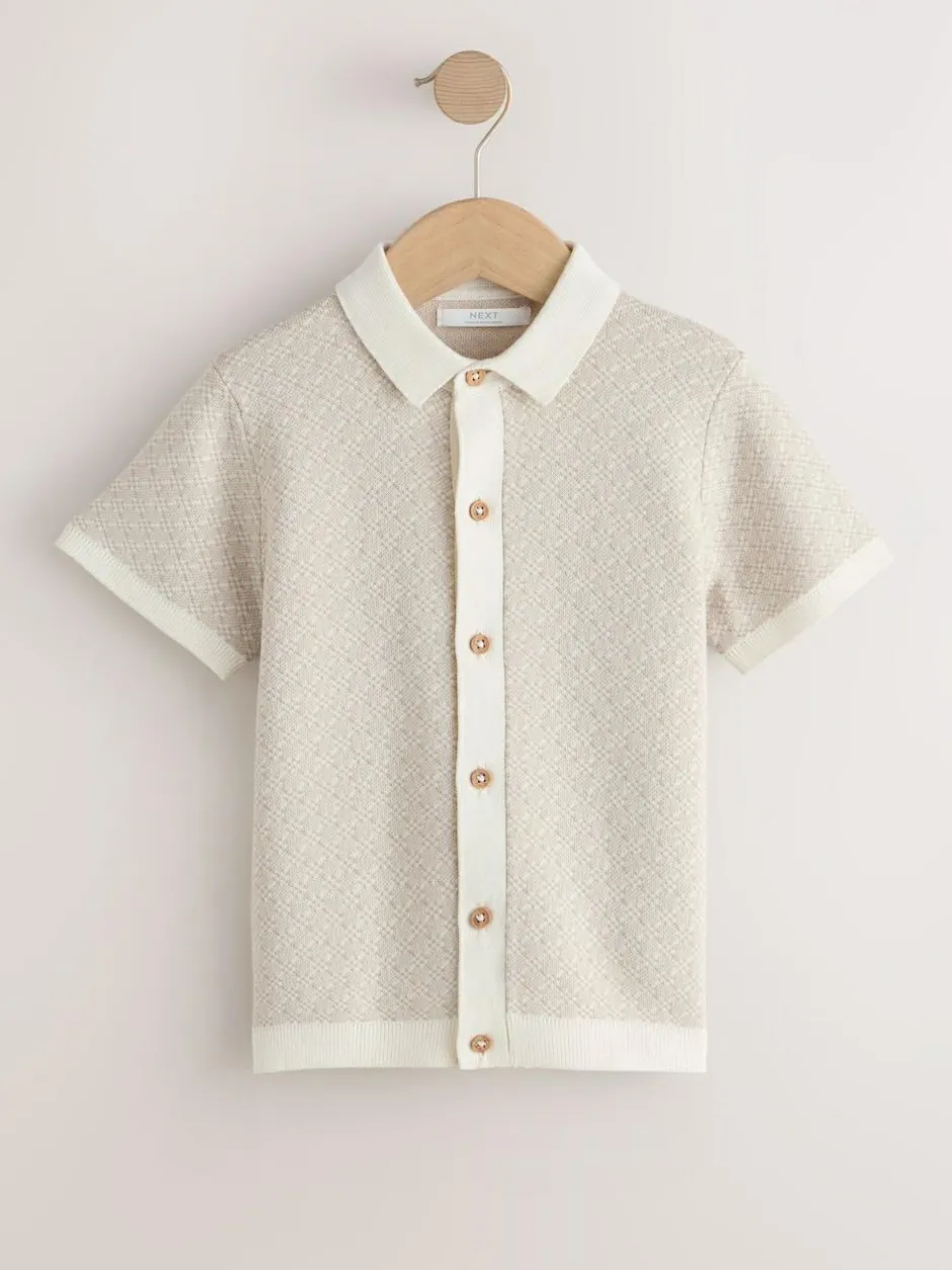 Next Ecru Geo Knitted Button Through Polo Shirt (3-16yrs) Sale
