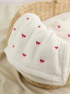 Next Ecru Red Bow Embroidered Baby Cosy Fleece Blanket Outlet