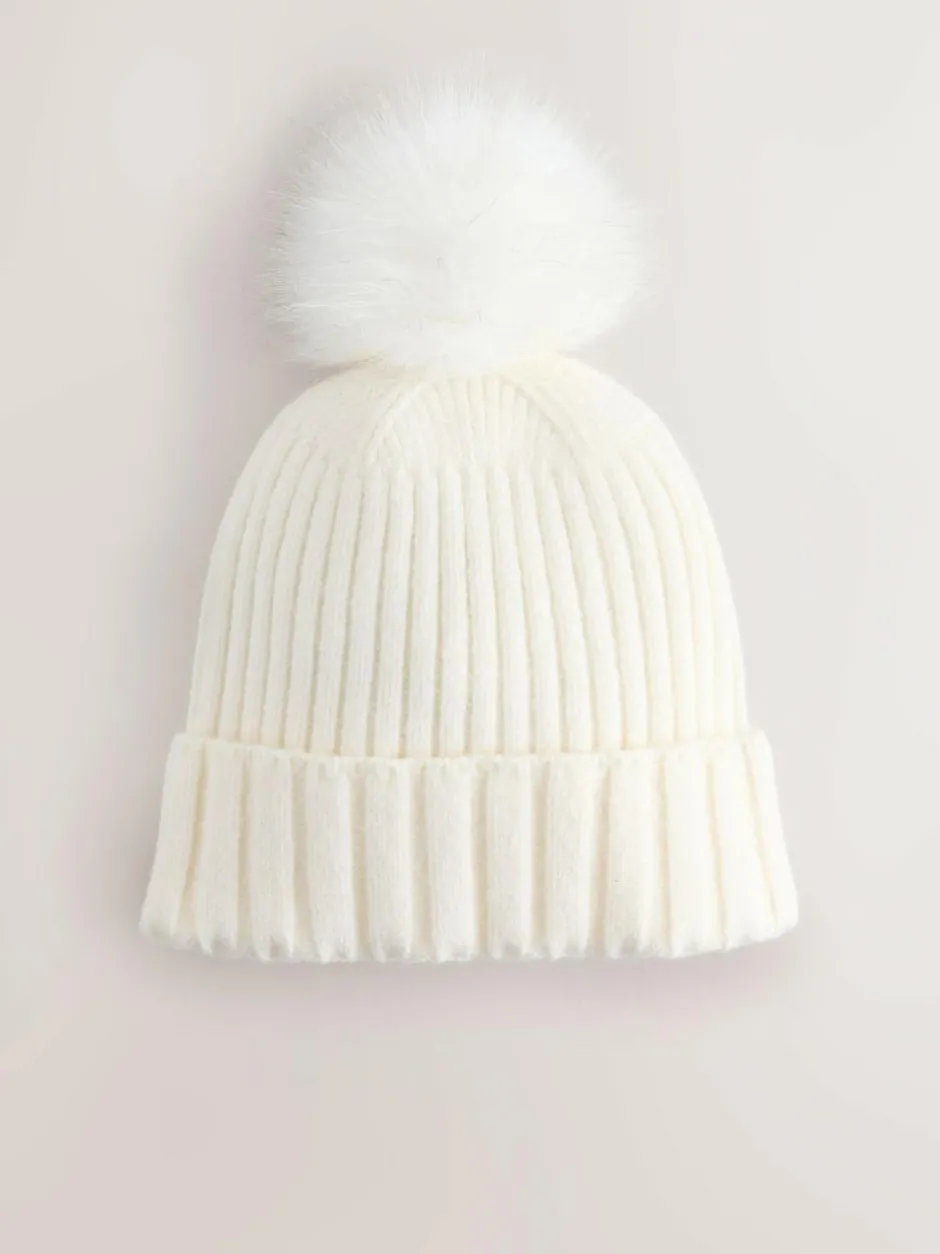 Next Ecru Rib Knit Pom Hat New
